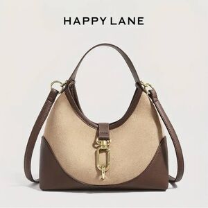 Happy Lane Two-Tone Hobo Shoulder Bag Suede Brown Beige Gold Hardware NIP